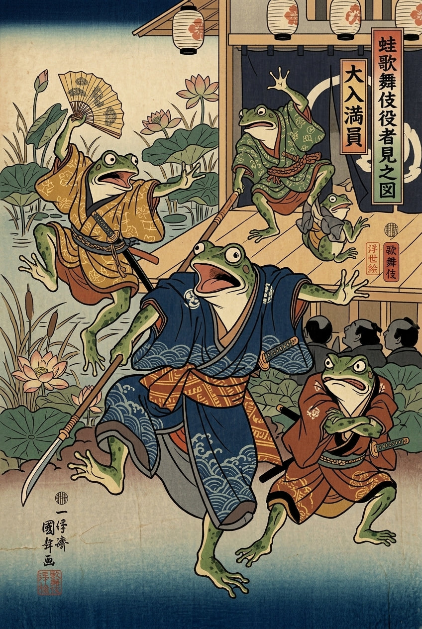 Poster Grenouilles Samouraïs, style Ukiyo-e