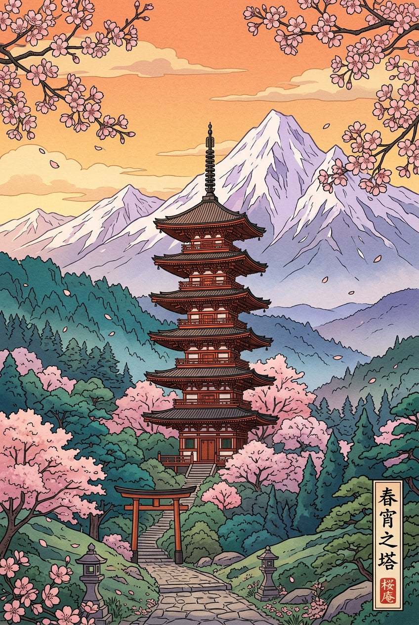 Affiche Pagode du Japon, poster Mont Fuji