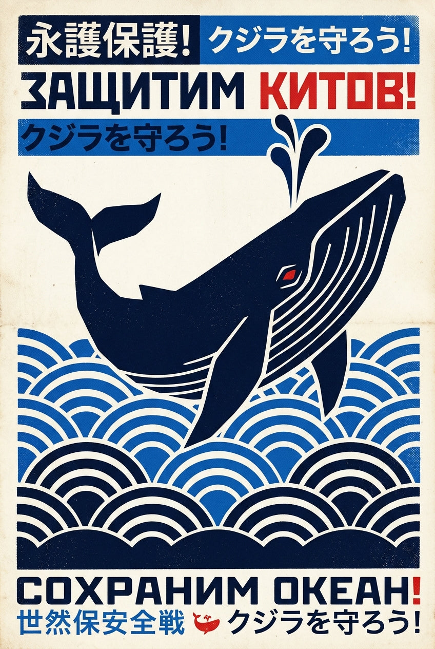 Affiche baleine japonaise, poster vintage art