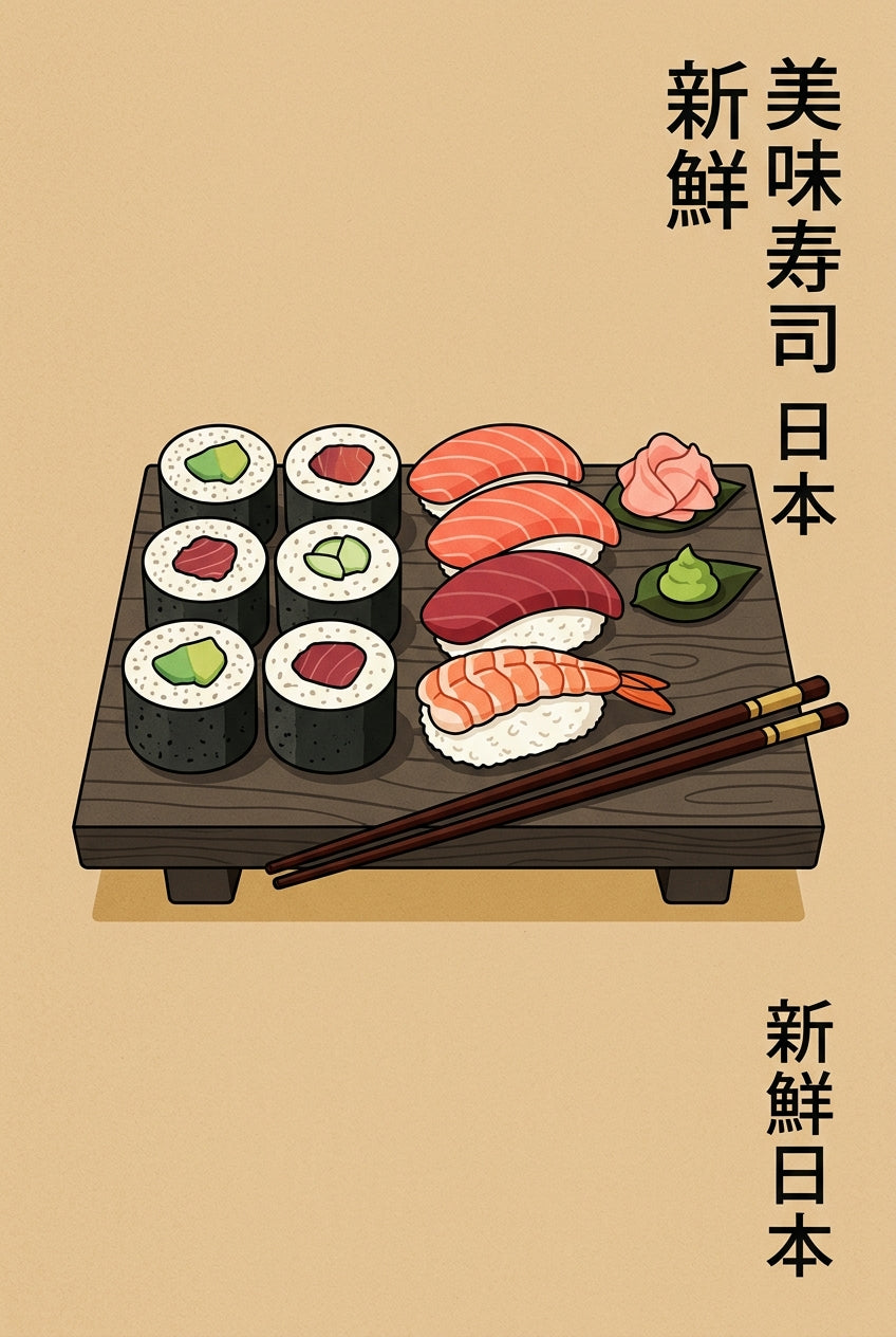 Affiche Sushi Japonais, poster plateau en bois