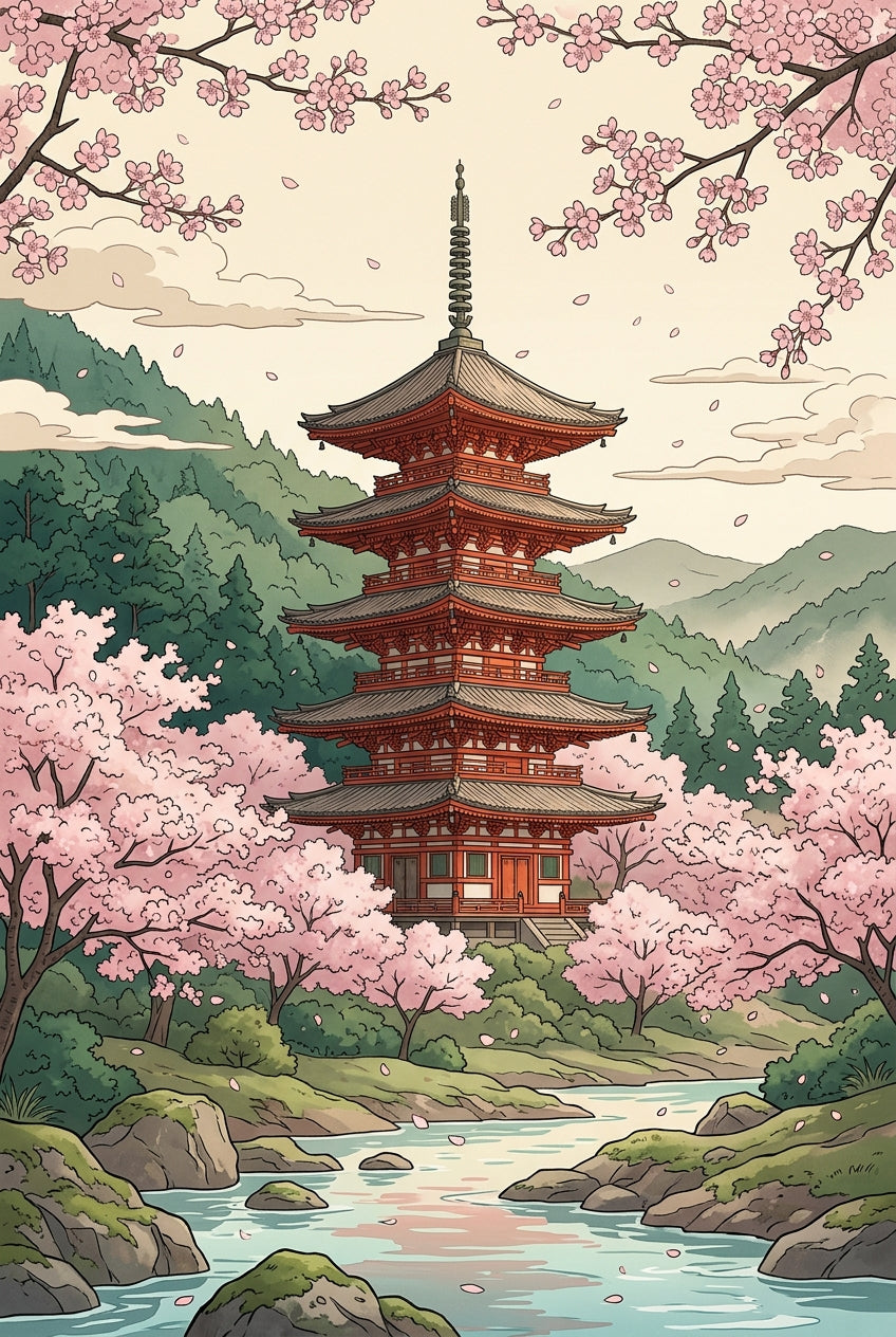 Affiche Pagode du Japon, poster cerisiers