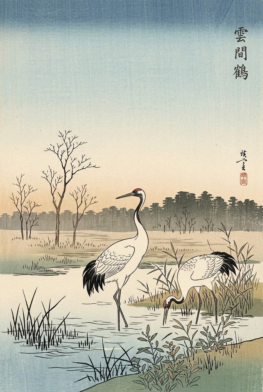 Affiche grues japonaises, style Ukiyo-e