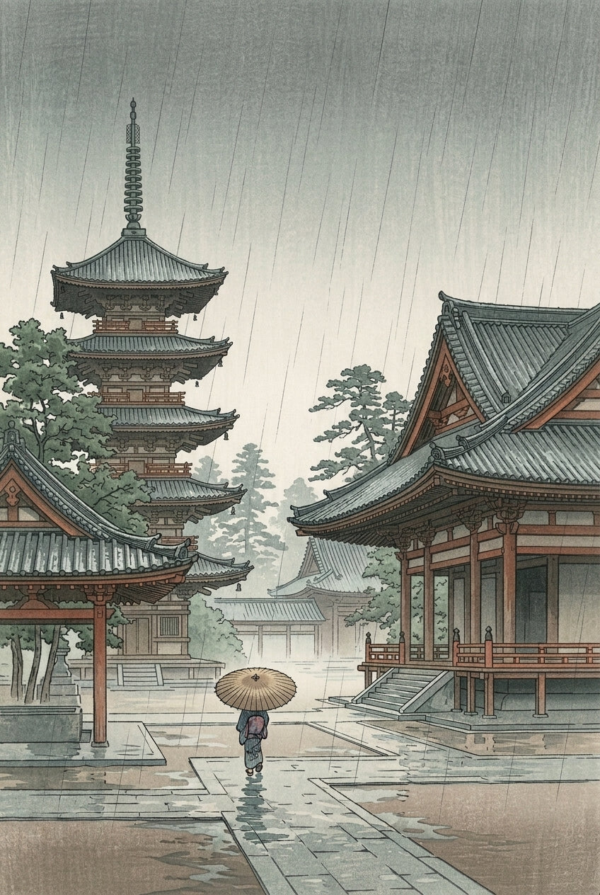 Affiche temple japonais sous la pluie, poster pagode