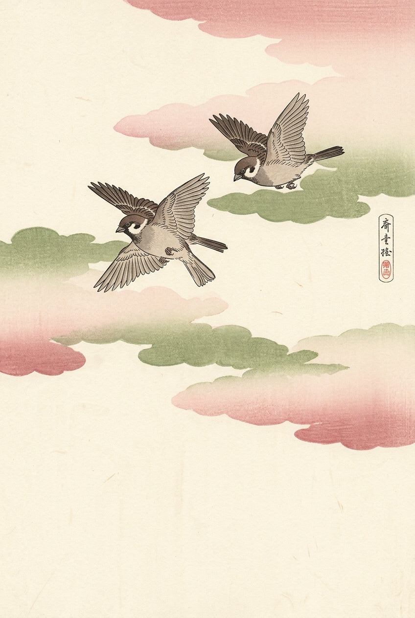 Affiche Moineaux du Japon, poster vintage