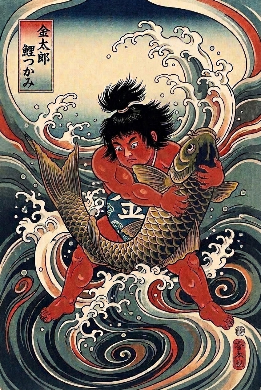 Poster Kintaro et la carpe, affiche art japonais