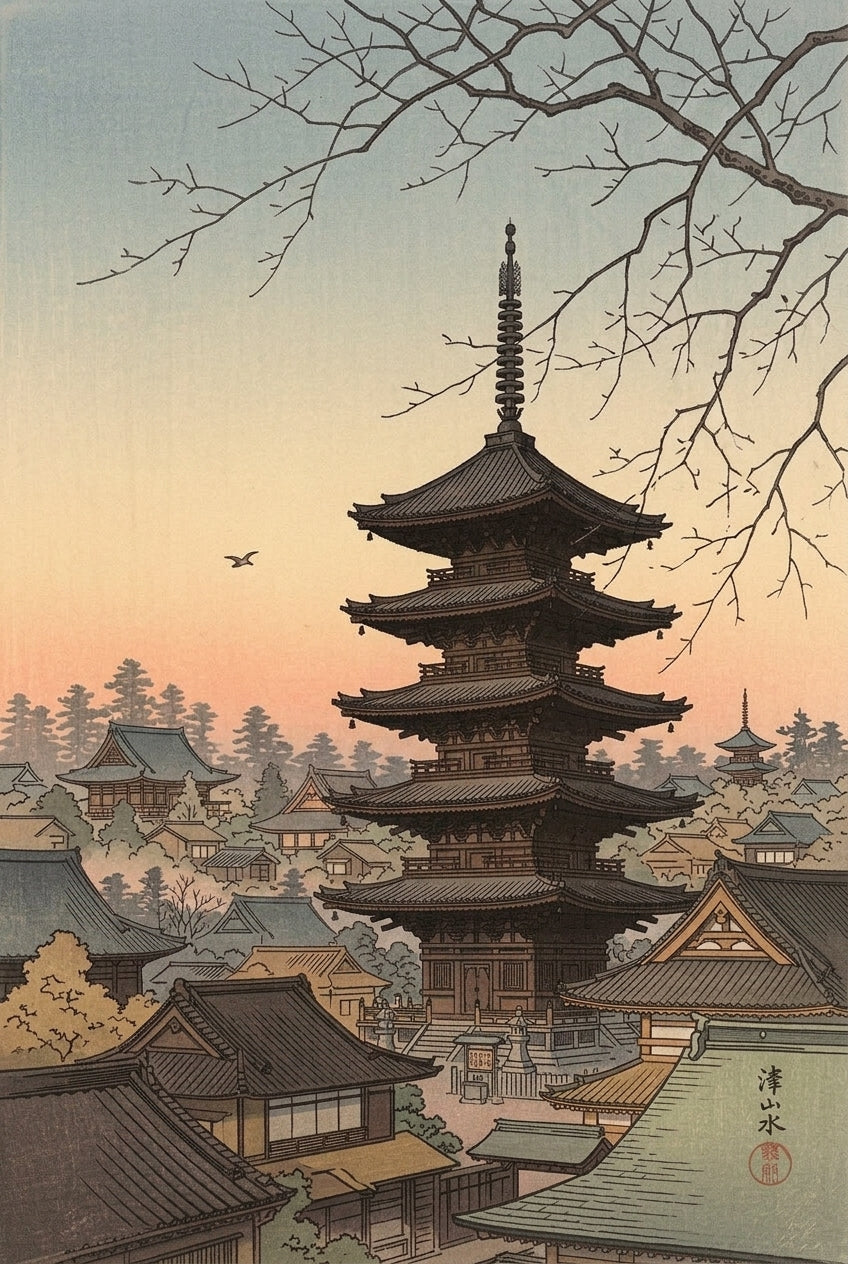 Affiche de la Pagode de Kyoto, poster crépuscule