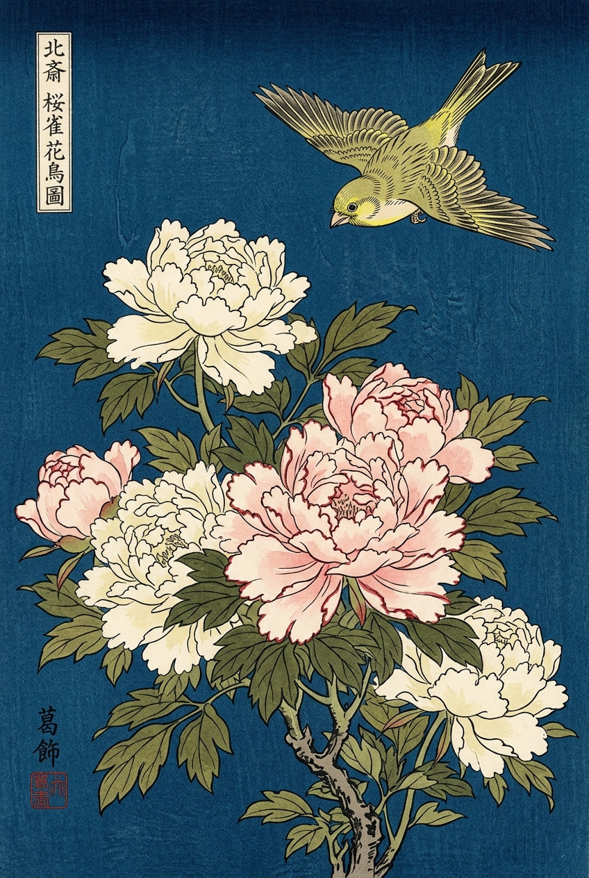 Affiche Pivoines et oiseau japonais, poster floral