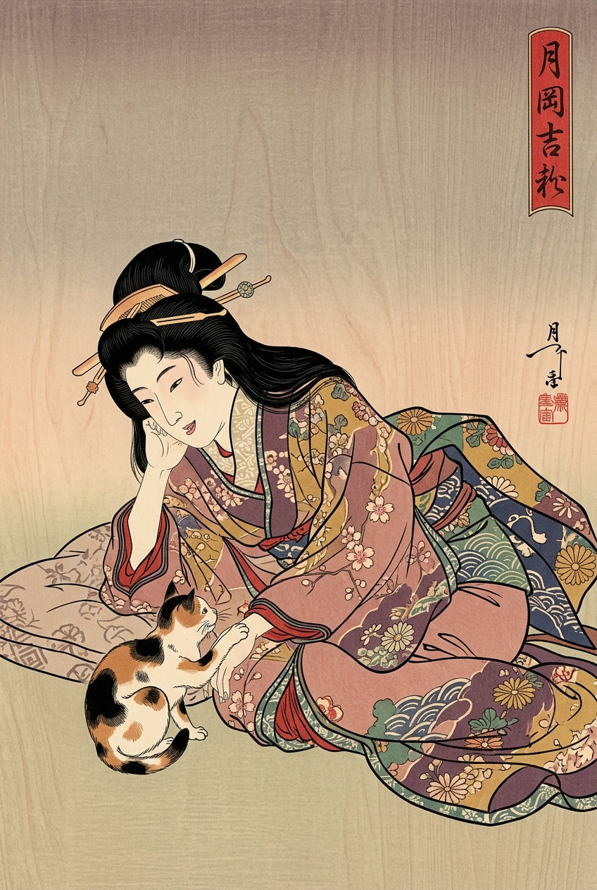 Affiche d'Art Japonais, poster chat calico