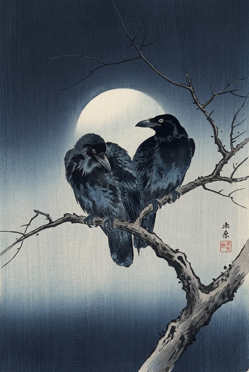 Affiche Corbeaux sous la lune, poster art japonais