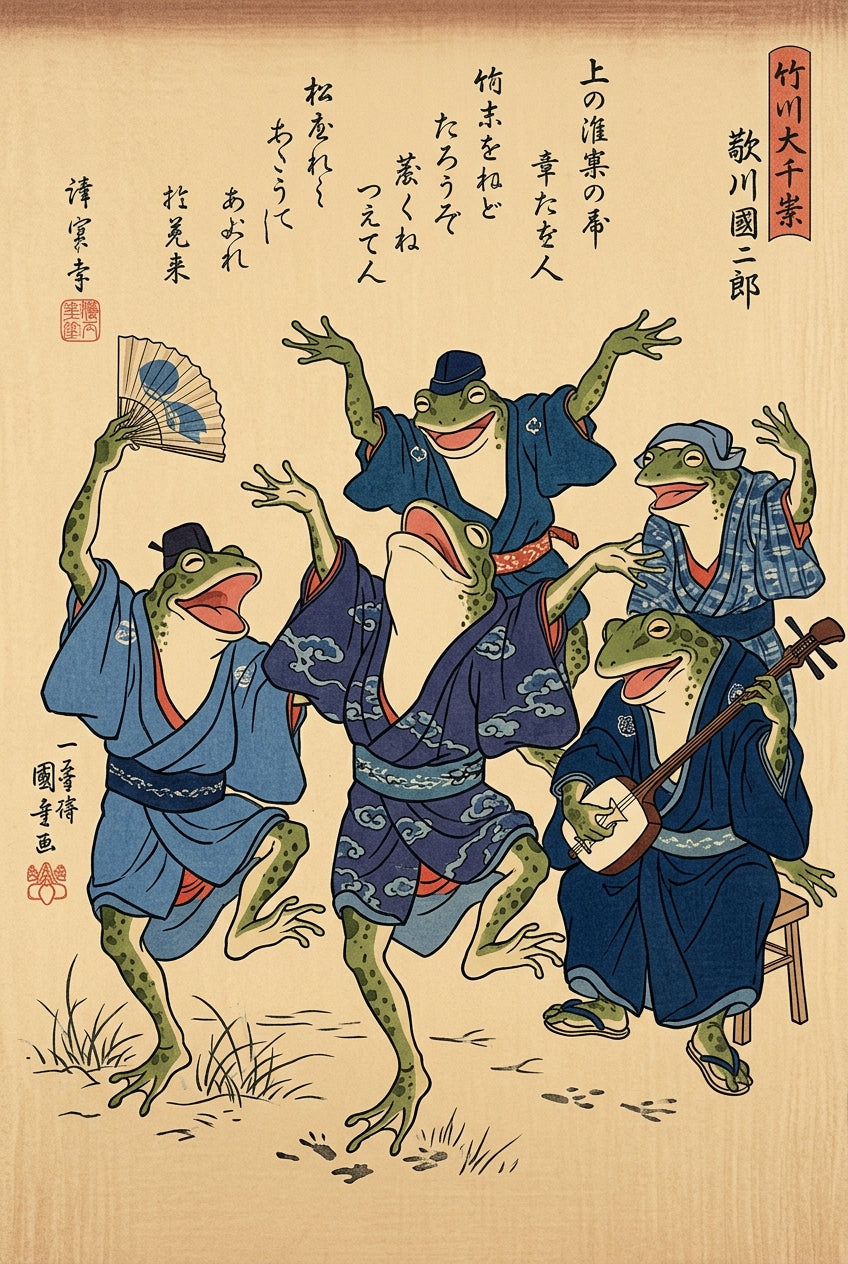 Affiche de grenouilles japonaises, poster style Ukiyo-e