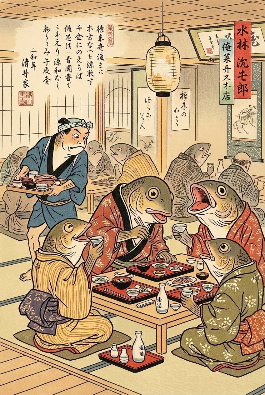 Affiche d'Art Japonais, poissons au restaurant