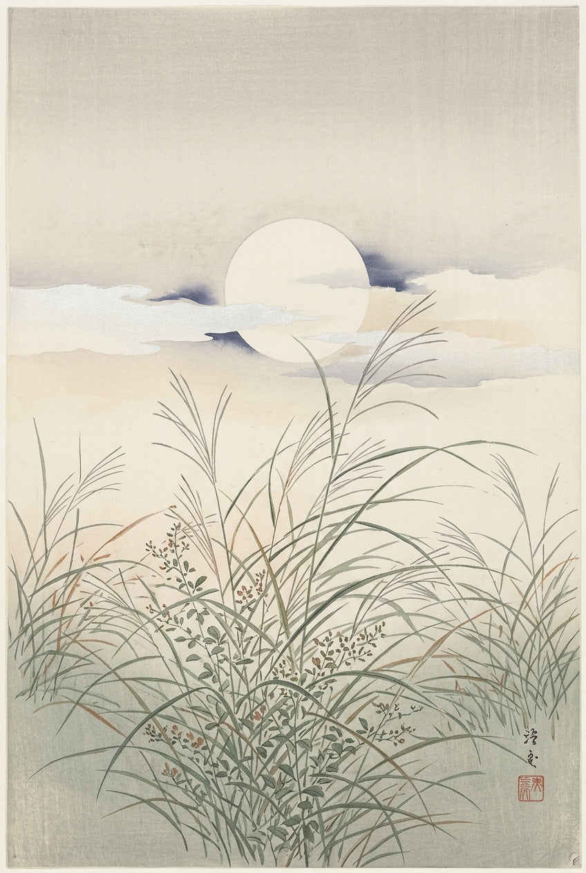 Affiche d'Art Japonais, poster Lune et Herbes
