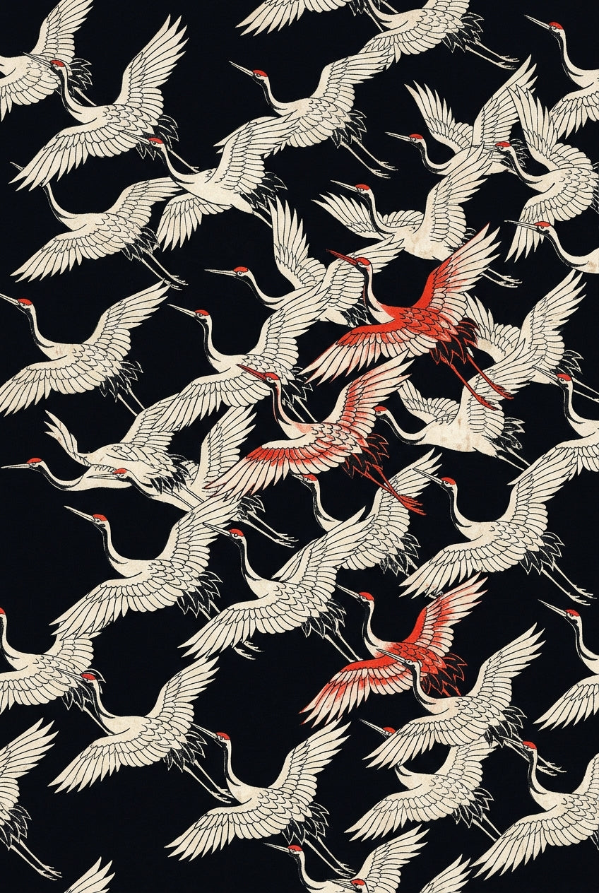 Affiche grues japonaises, poster fond noir