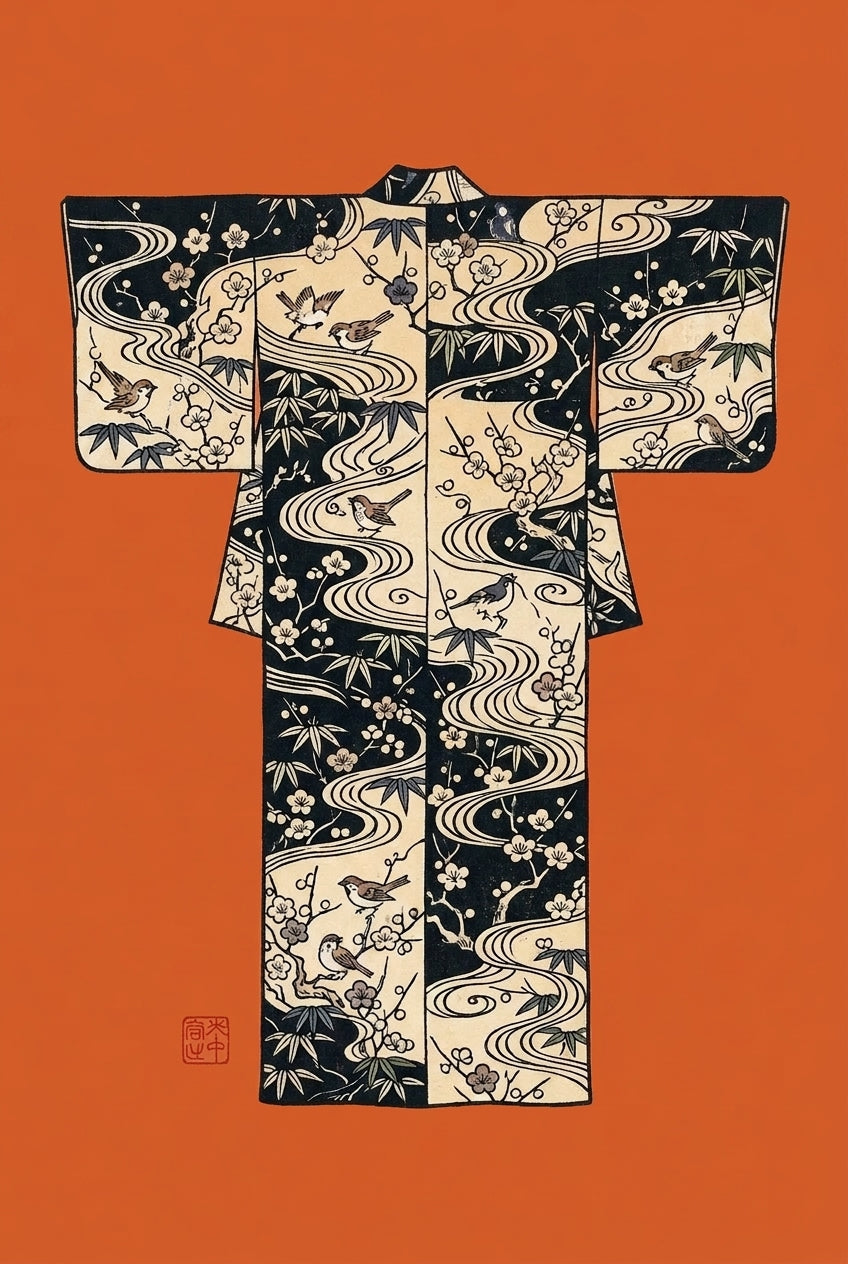 Affiche Kimono Japonais, poster motifs oiseaux