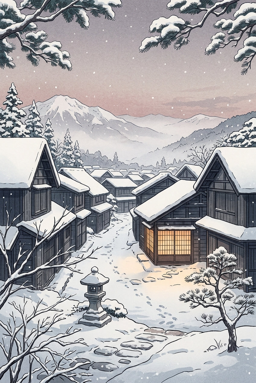 Affiche Village Japonais sous la neige, poster zen