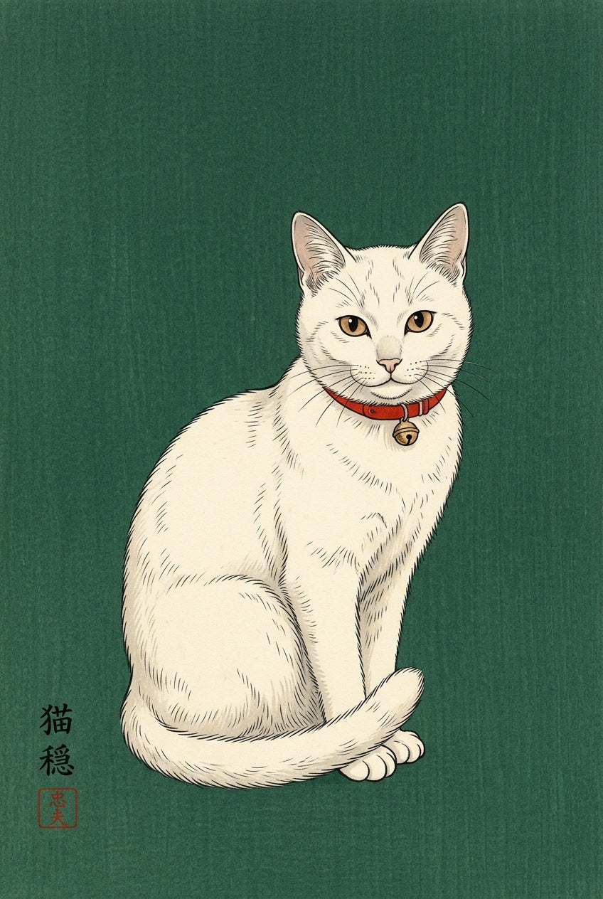 Affiche Chat Japonais, chat blanc au collier rouge