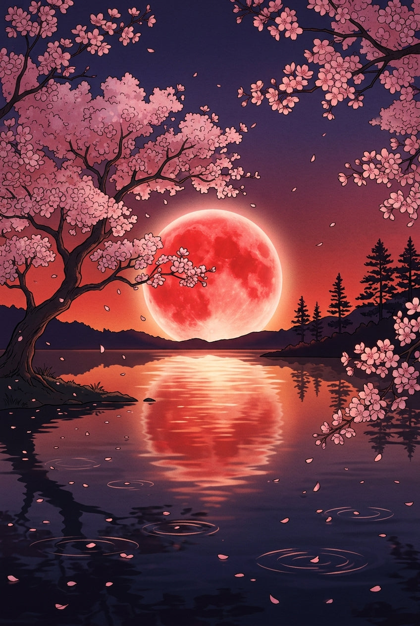 Poster du Japon, lune rouge et cerisiers roses