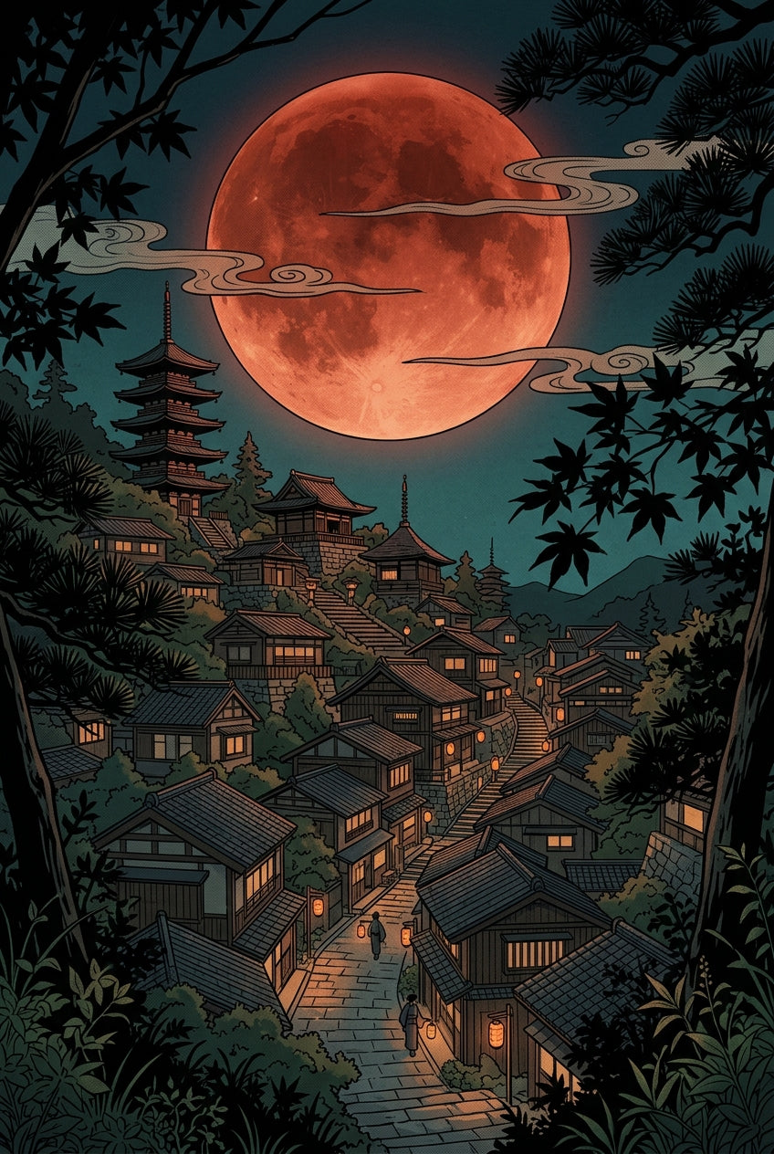 Affiche de village japonais, poster lune rouge