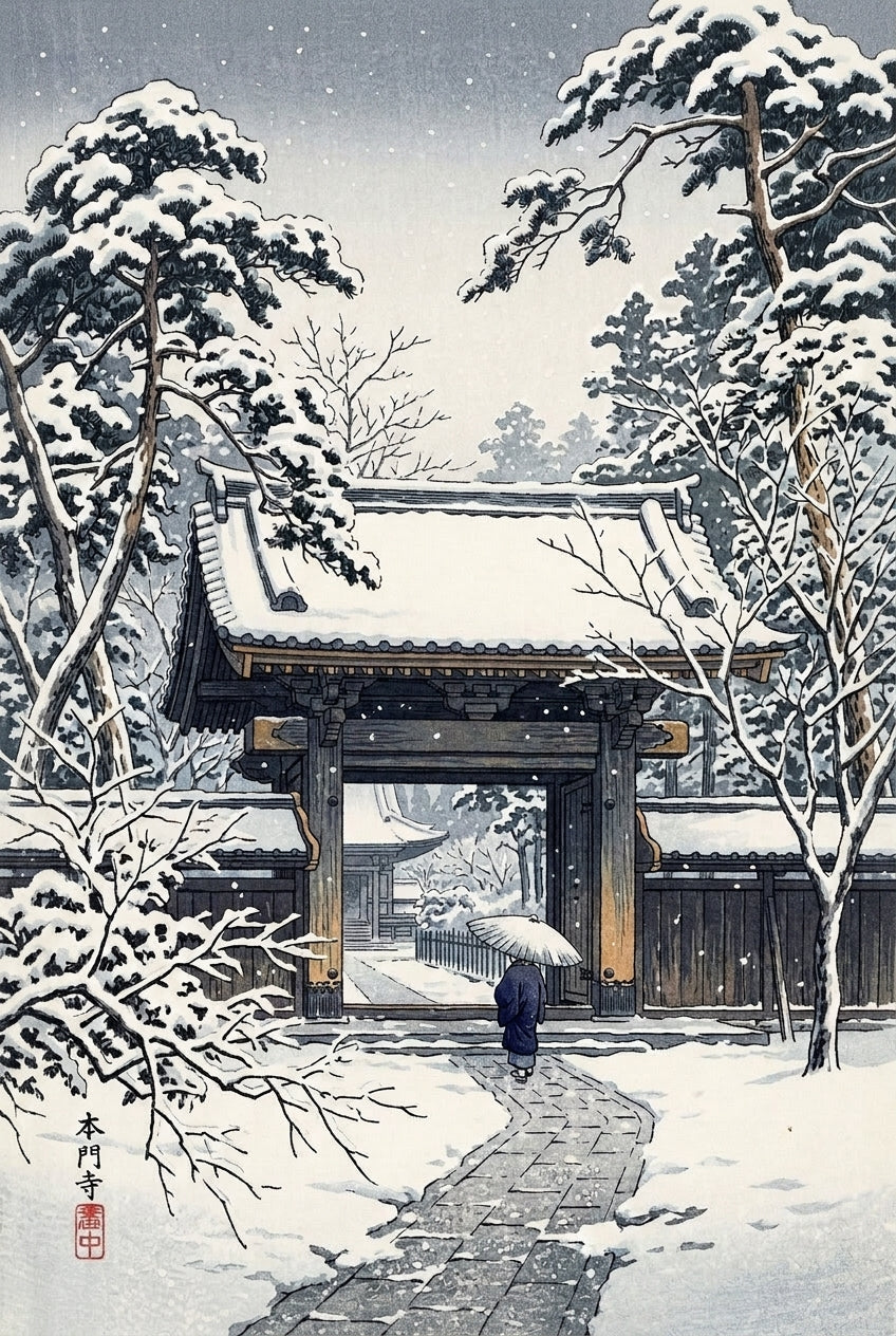 Affiche Temple Japonais, poster sanctuaire enneigé