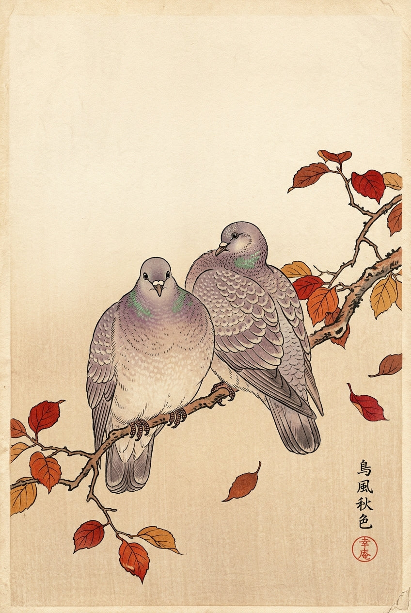 Affiche de pigeons japonais, poster oiseaux d'automne