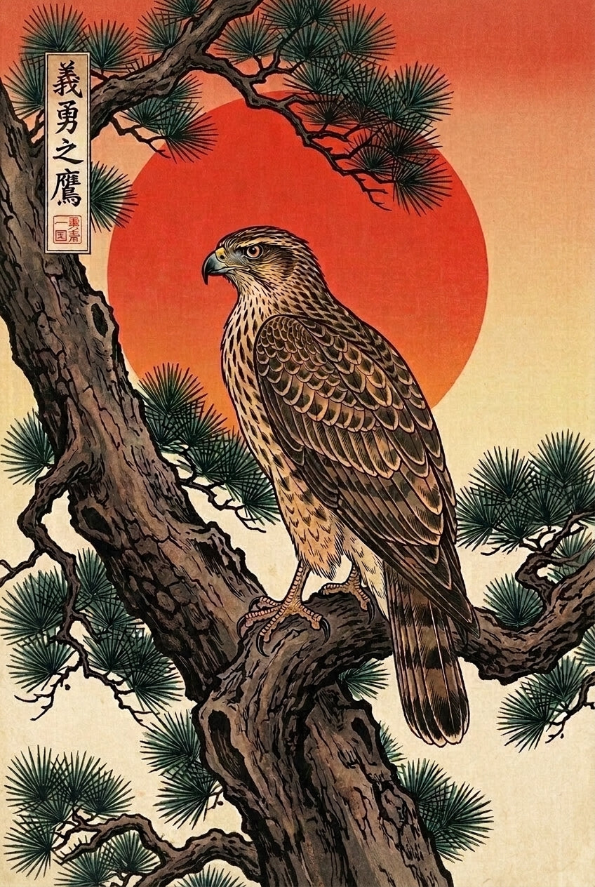Affiche Faucon japonais, poster soleil rouge