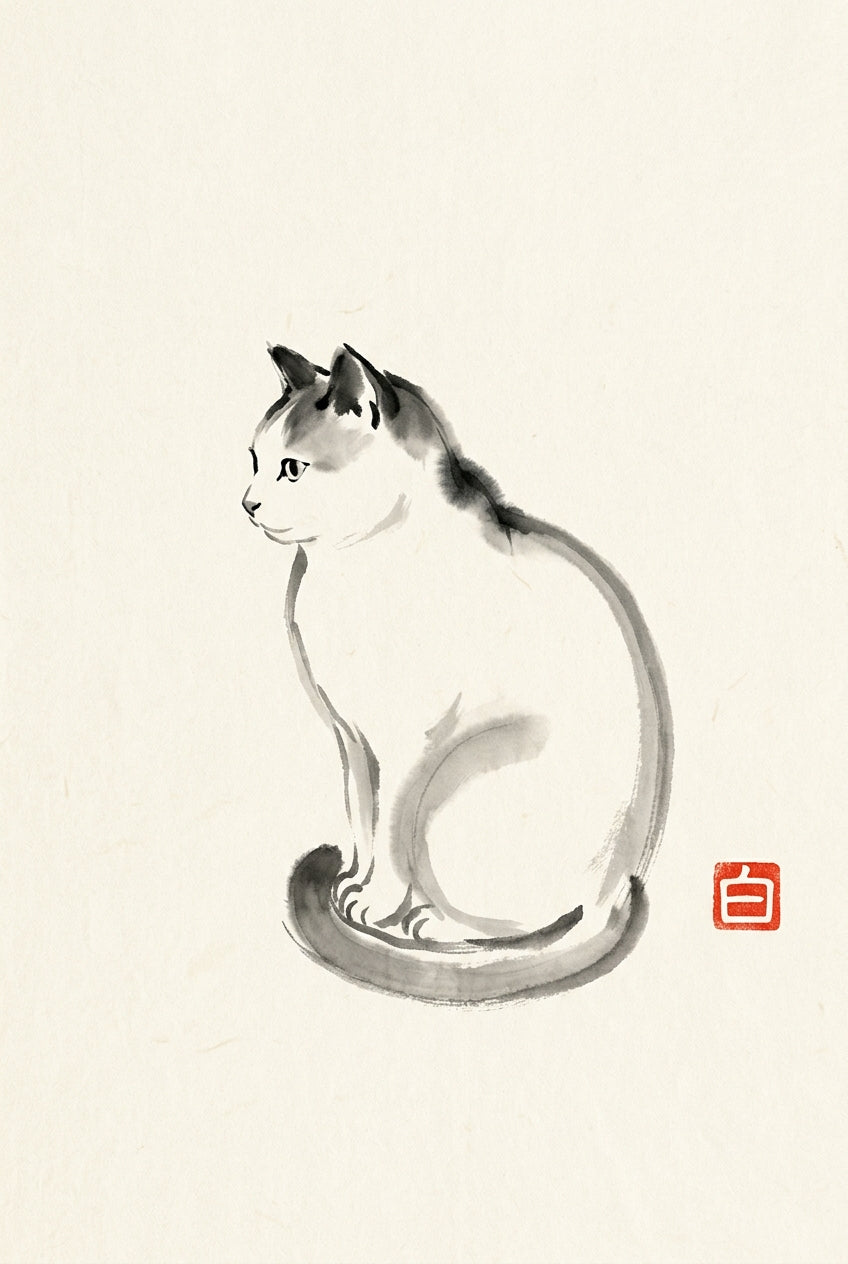 Affiche Chat Japonais, poster style Sumi-e