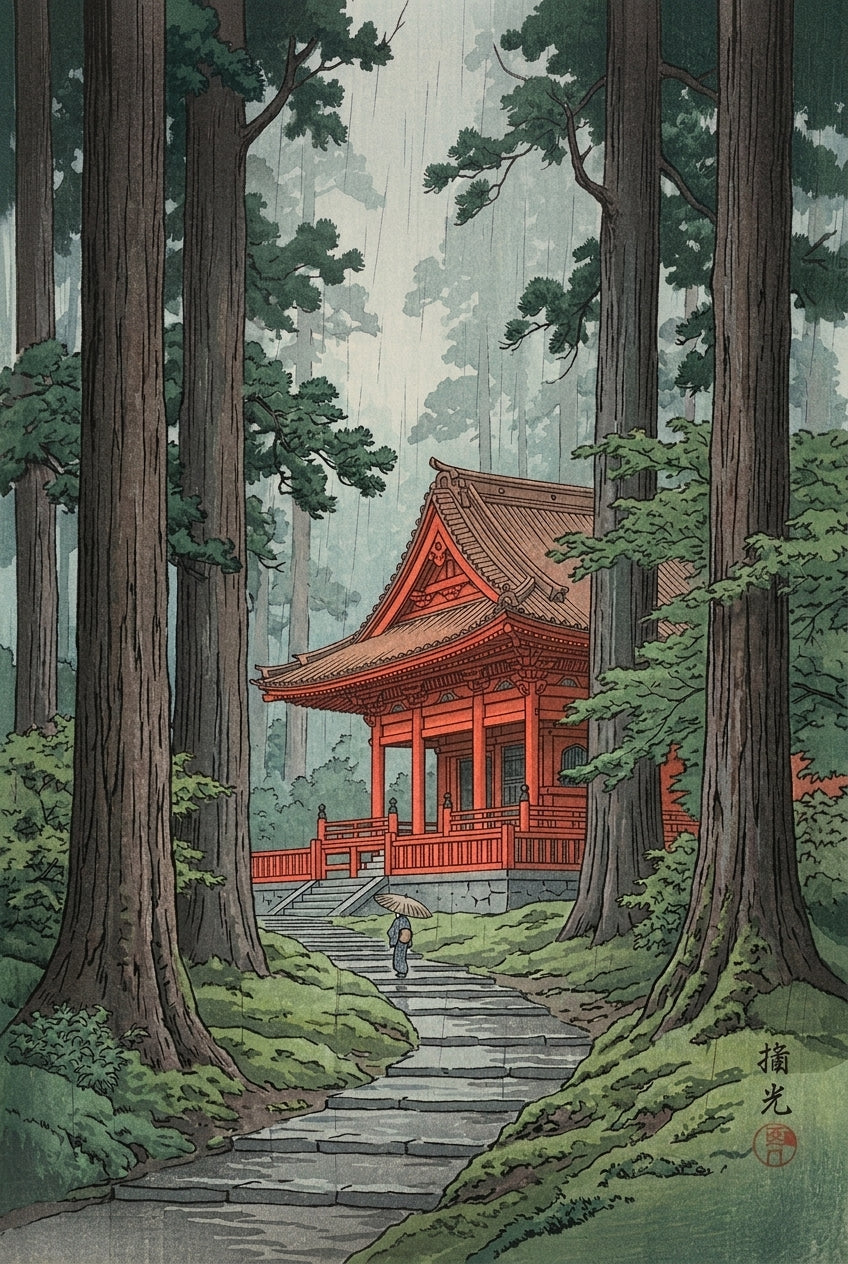 Affiche Temple Japonais, poster forêt sous la pluie