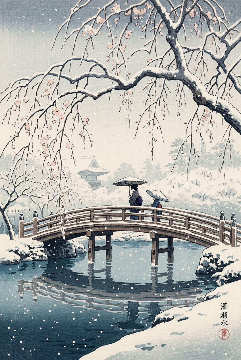 Affiche d'Art Japonais, poster pont sous la neige