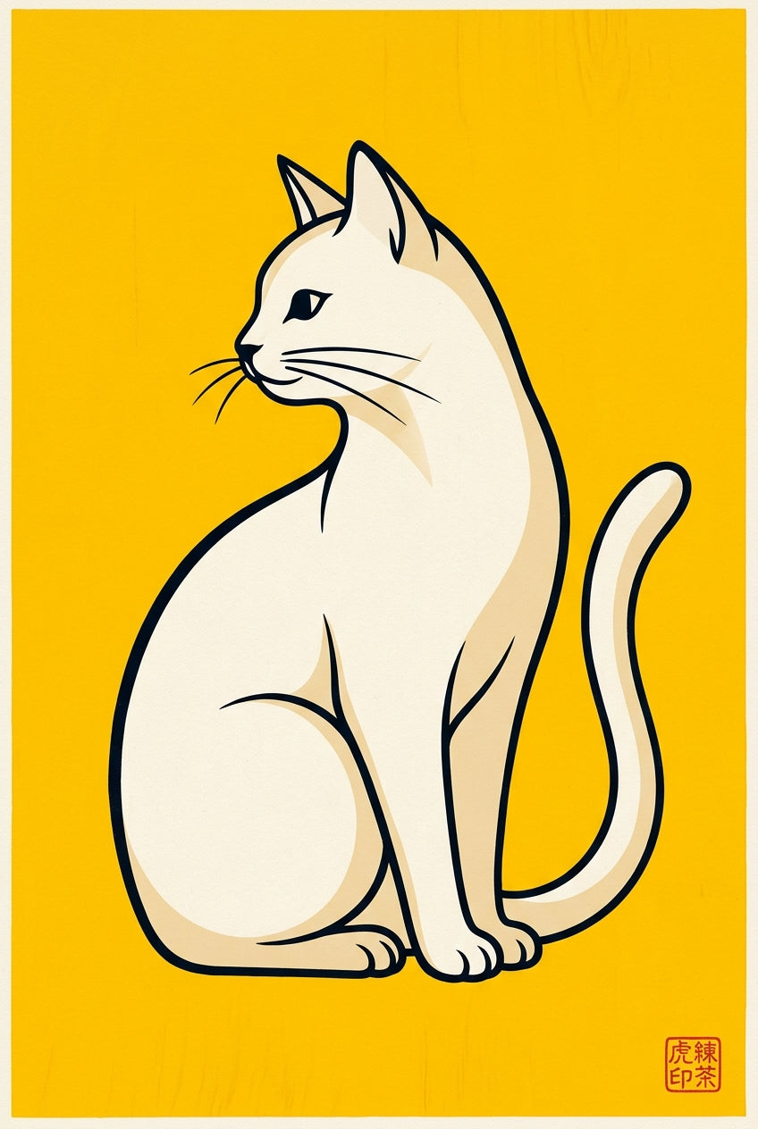 Affiche Chat Japonais, poster fond jaune