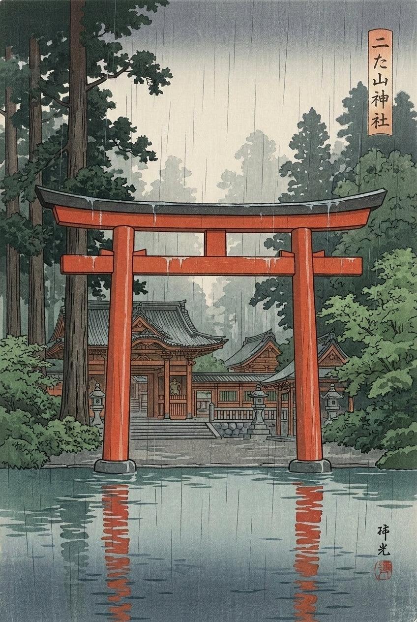 Poster temple japonais, Nikko sous la pluie