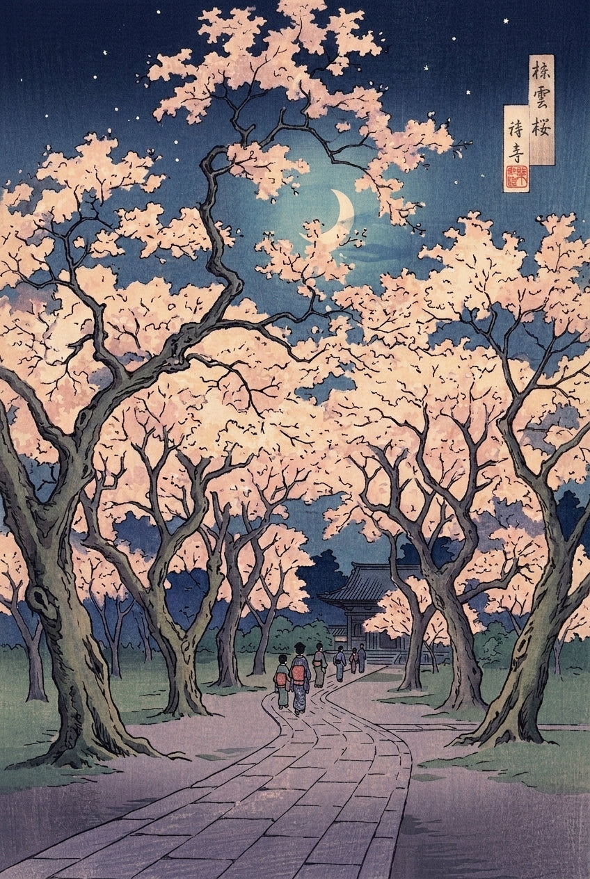 Affiche Cerisiers du Japon, poster temple nippon