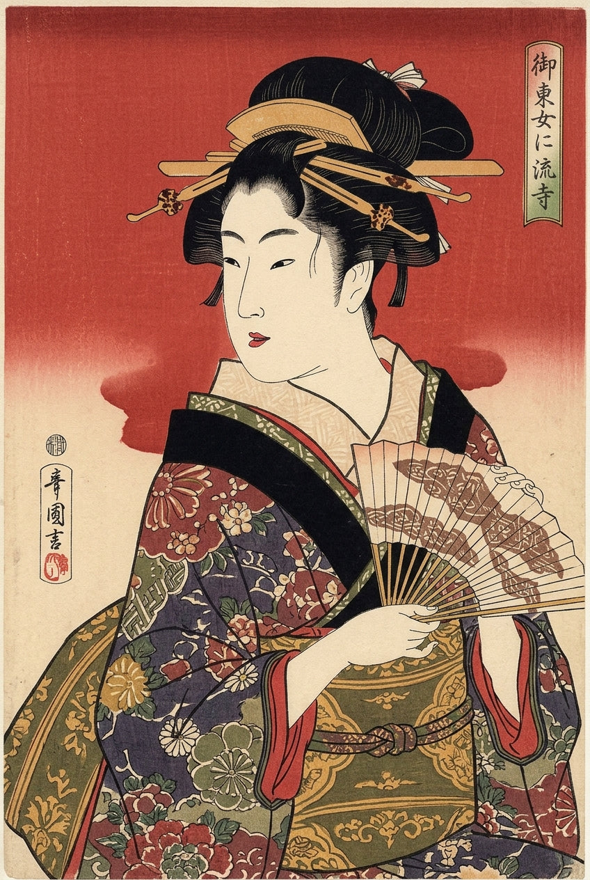 Affiche Geisha japonaise, poster kimono fleuri