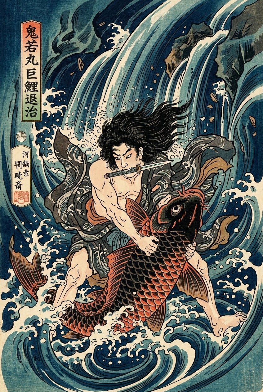 Poster Oniwakamaru et la carpe géante, art japonais