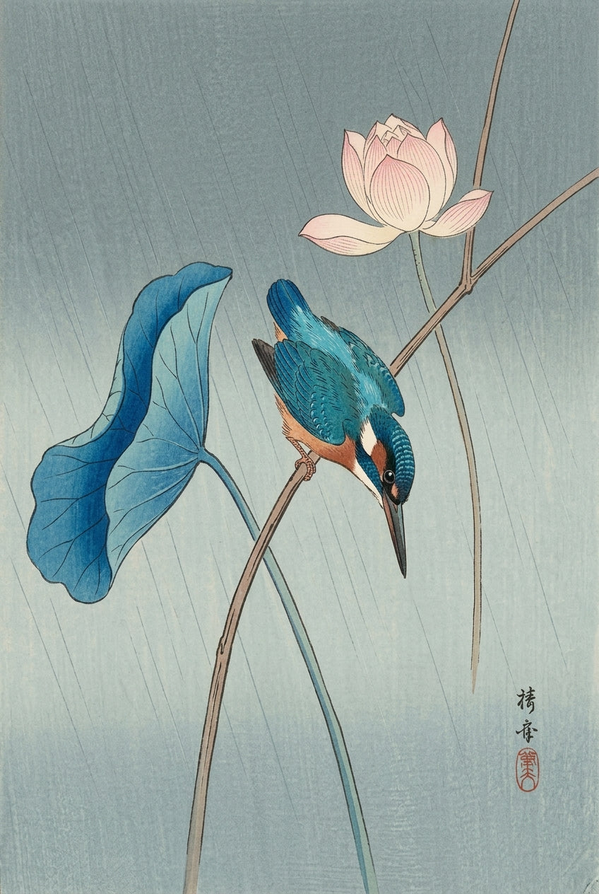 Affiche Martin-pêcheur japonais, poster lotus rose