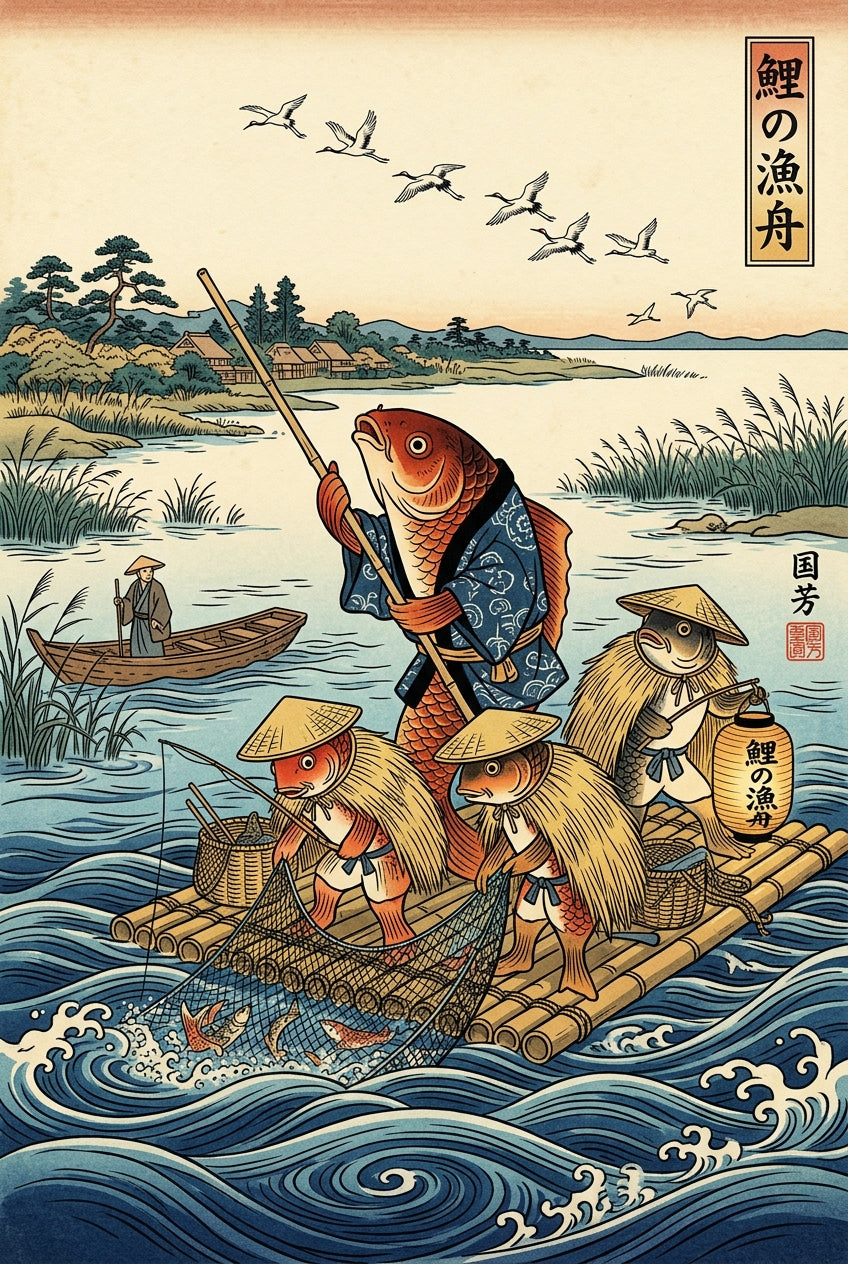 Poster Carpes Japonaises, pêcheurs Ukiyo-e