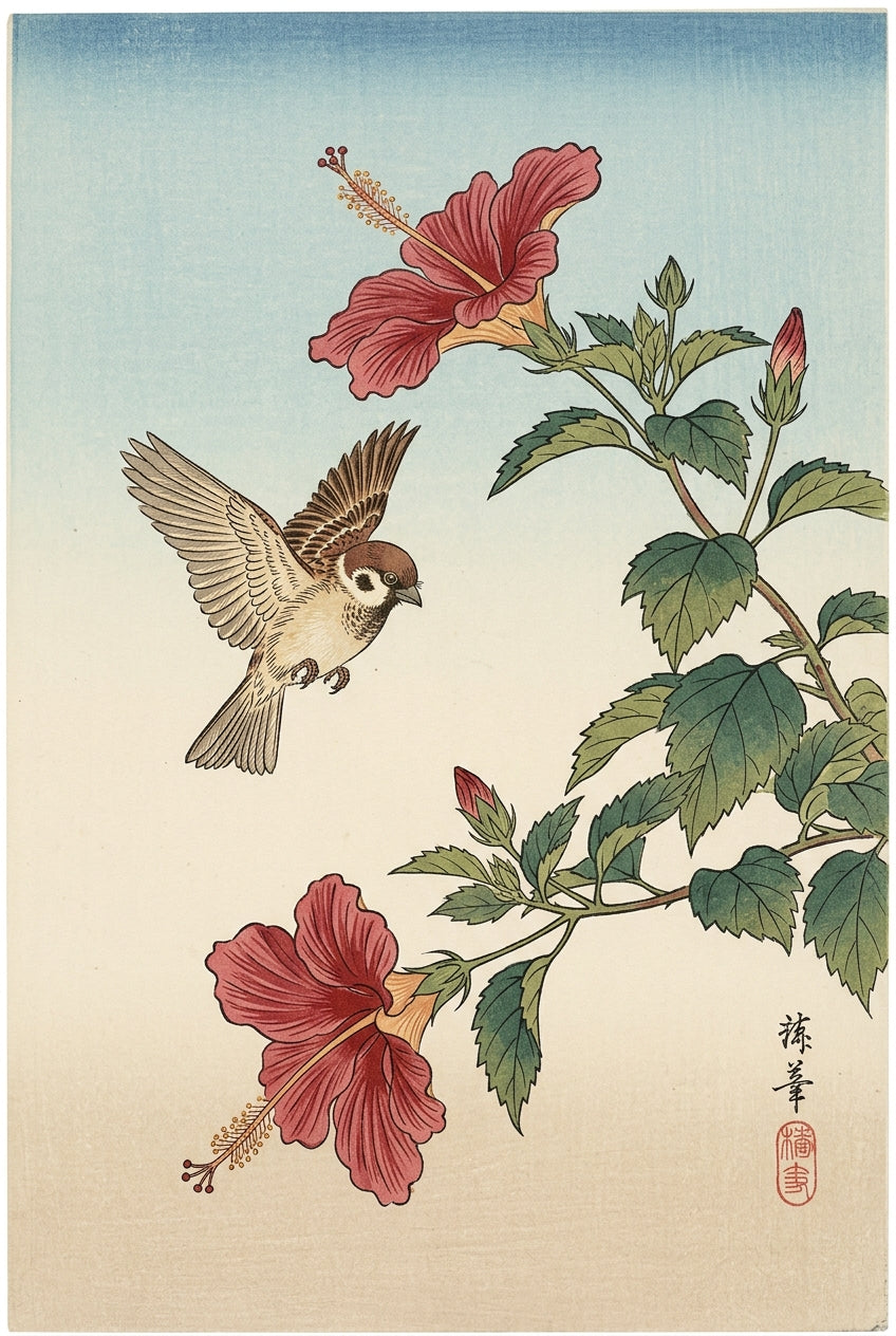 Affiche Hibiscus et Moineau, poster art japonais