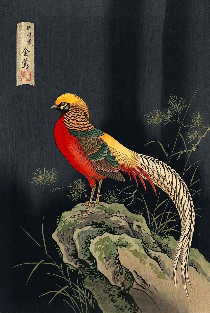 Poster du Faisan doré, oiseau art japonais