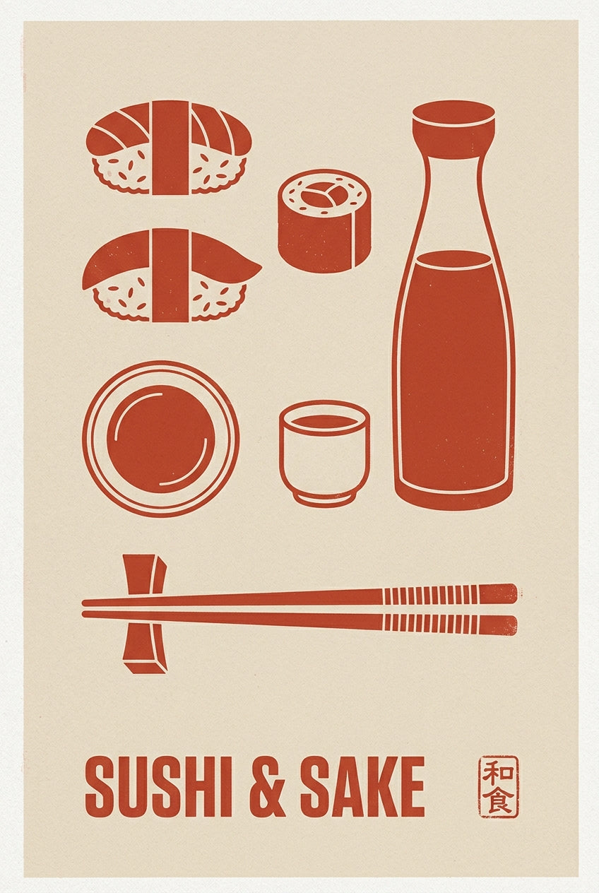 Affiche Sushi et Sake, poster minimaliste