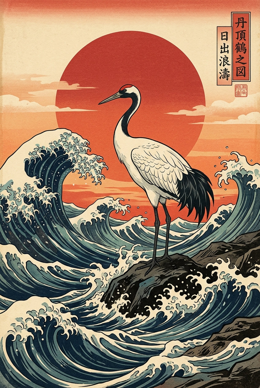 Affiche Grue Japonaise, poster vagues et soleil
