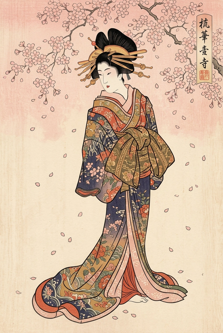 Poster Geisha japonaise, fleurs de cerisier