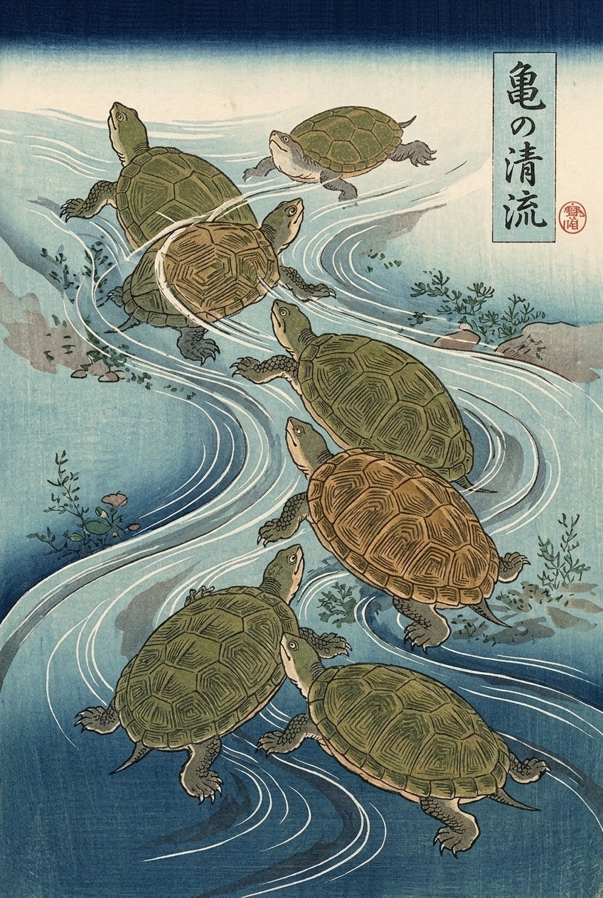 Affiche de Tortues Japonaises, style ukiyo-e