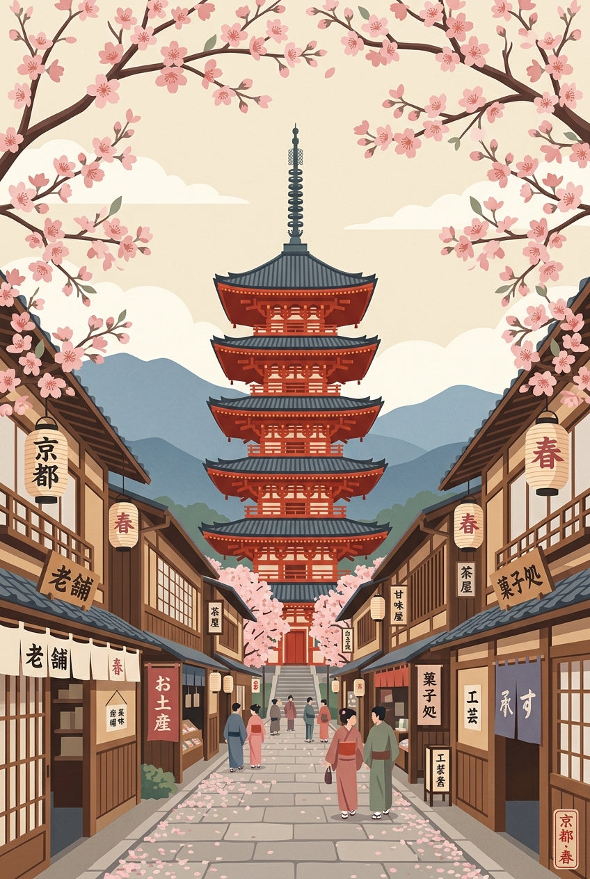 Affiche de Kyoto, poster pagode et cerisiers