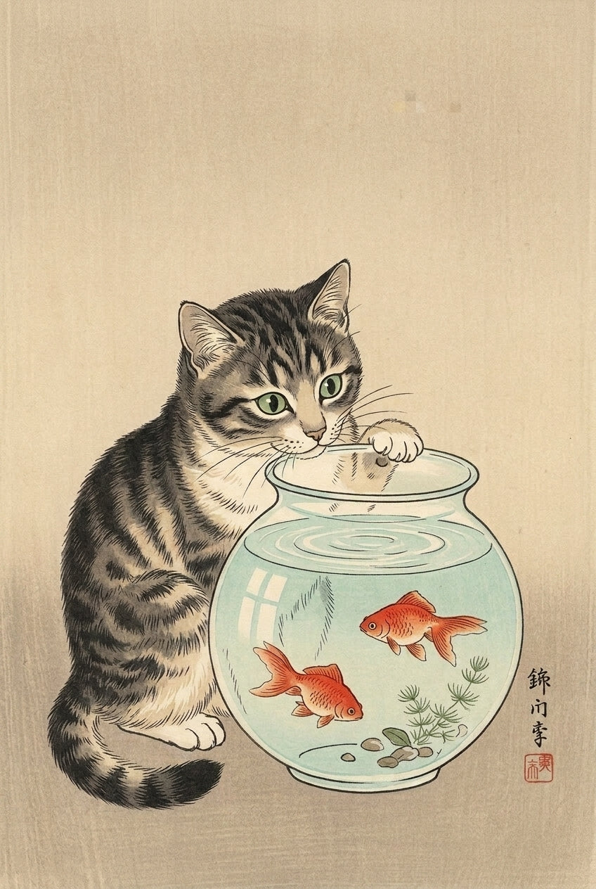 Affiche Chat et Poissons rouges, poster Japonais