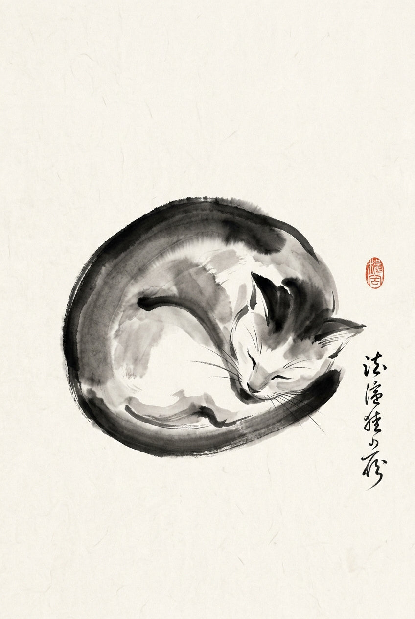 Affiche de chat japonais, poster encre Sumi-e