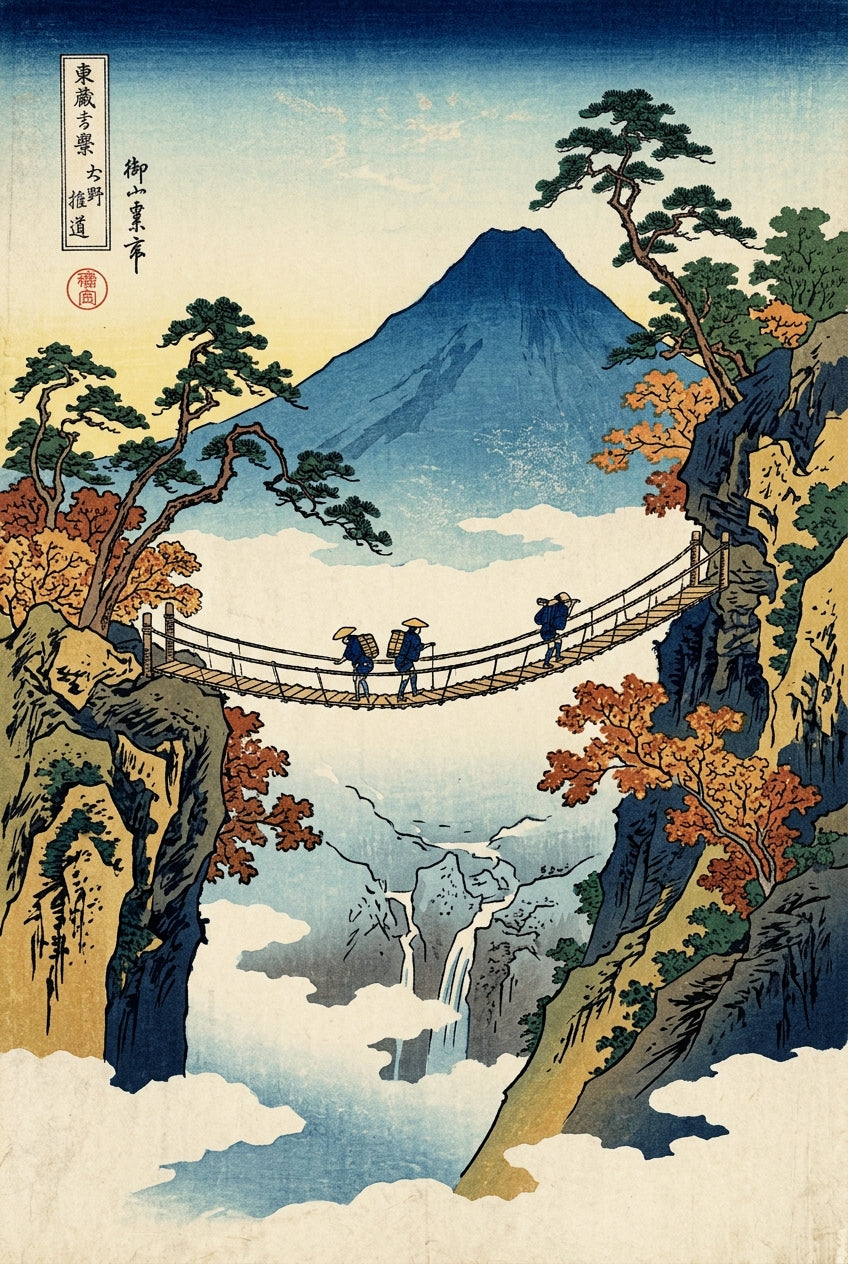 Affiche du Mont Fuji, poster pont suspendu