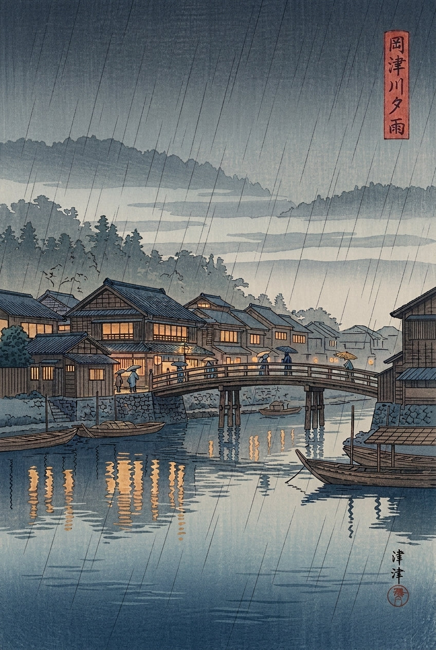 Affiche d'Art Japonais, poster village sous la pluie