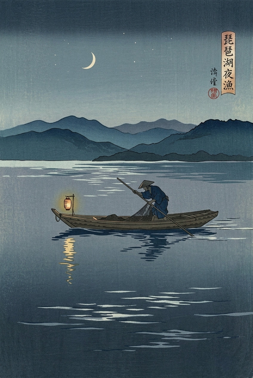 Poster du lac Biwa la nuit, affiche pêcheur japonais