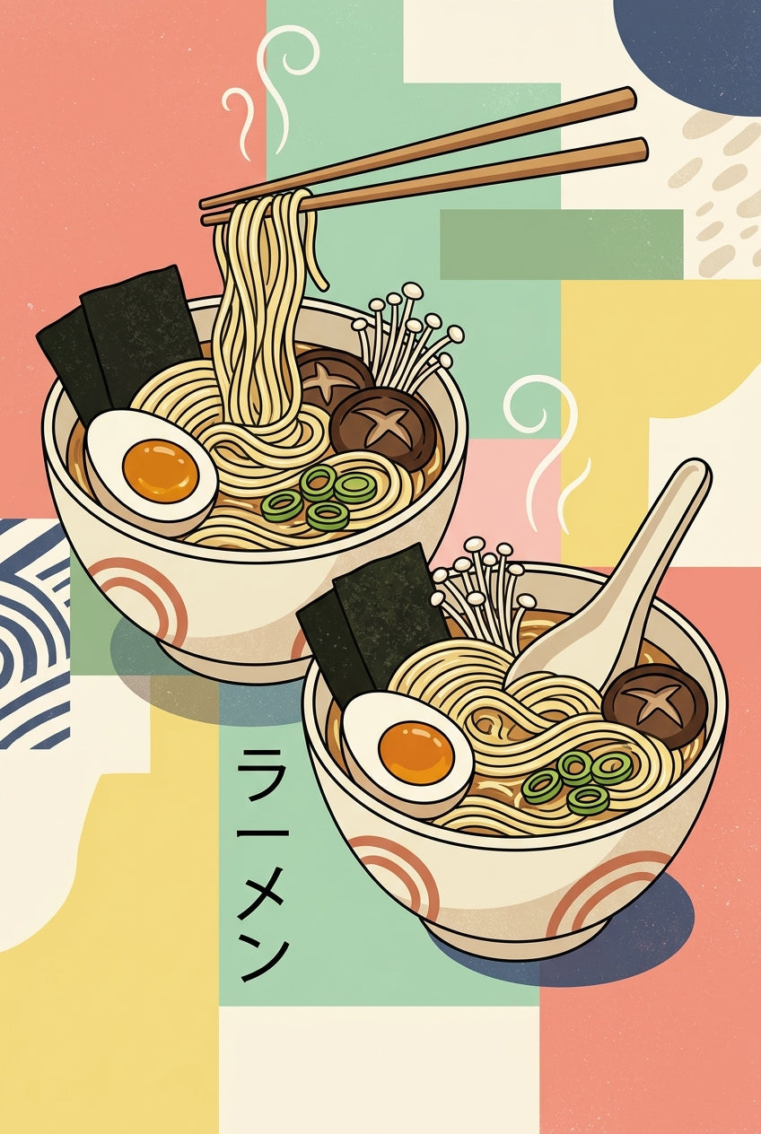 Poster Ramen japonais, bols illustrés