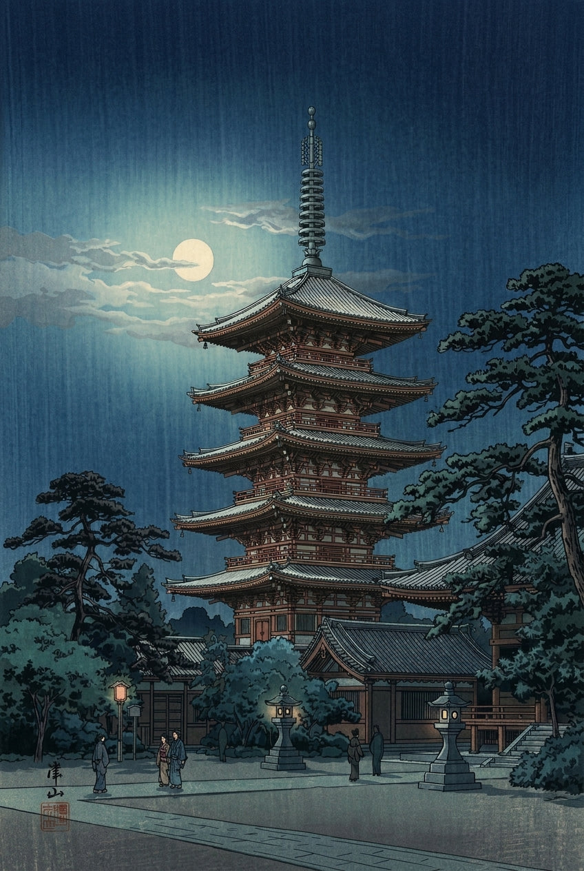 Poster Pagode japonaise, poster nuit de pleine lune