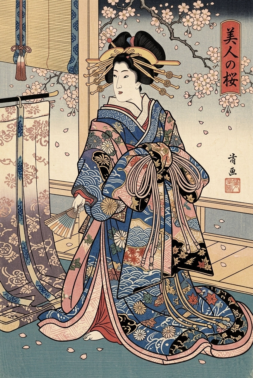 Affiche Geisha japonaise, poster kimono bleu